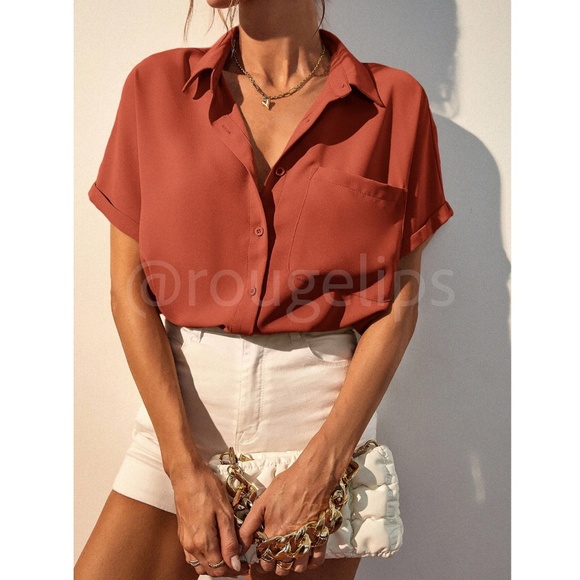 Burnt Orange Casual Button Up / Down Shirt Collar, V-Neck Button Front - Picture 5 of 15